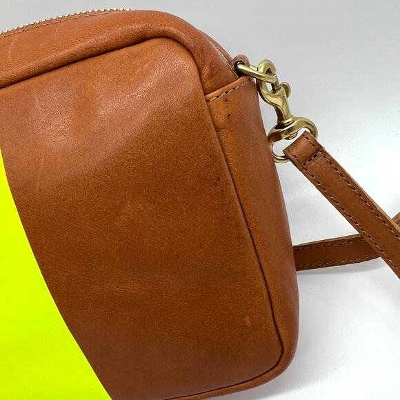 CLARE V Midi Sac Tan Nappetto Stripe Leather Crossbody Bag Women Neon Yellow NEW - Picture 11 of 16